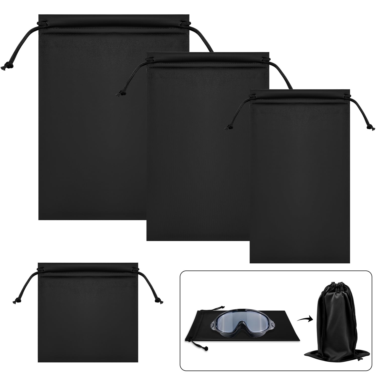 PEUTIER 4pcs Ski Goggle Cover Bags, 4 Sizes Snow Sunglasses Soft Microfiber Pouch with Drawstring Eyeglasses Protective Storage Case (Black)