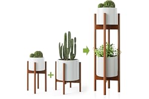 MUDEELA 2 Pack Mid Century Modern Plant Stands with Adjustable Width 8" to 12", Indoor Bamboo Plant Stand with 2 Tier Use Method (Pot & Plant Not Included)