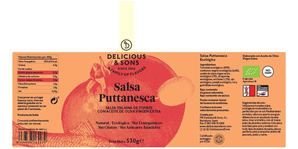 Delicious & Sons Salsa Puttanesca Ecológica 530g: Amazon.es ...