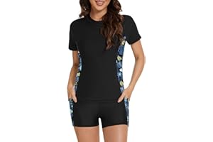 Tournesol Women's Rash Guard 2 Piece Short Sleeve Swim Shirt with Shorts Swimsuit with Bra Bathing Suit Plus Size with Pocket