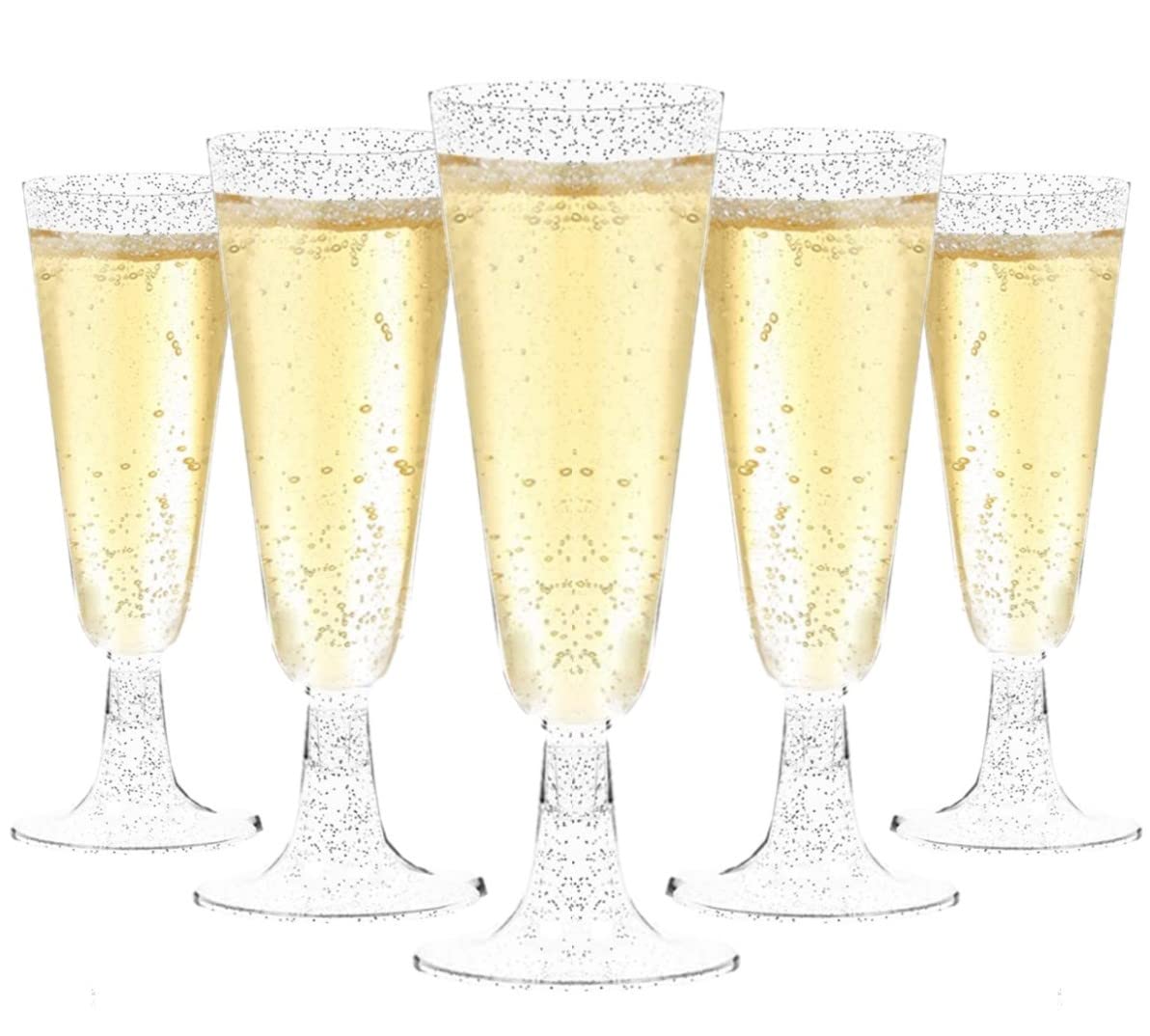 LATERN 50Pcs Silver Glitter Champagne Flutes, 150ml Plastic Champagne Glasses Reusable Stemmed Party Wine Cups for Garden Wedding Anniversary Shower Parties (5.5 x 16.5cm)