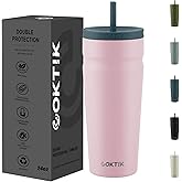 COKTIK 24oz Insulated Tumbler with Lid and Straw Iced Coffee Cup Reusable Stainless Steel Travel Mug Water Bottle Cupholder Friendly for Women Men Her Him (Blush)