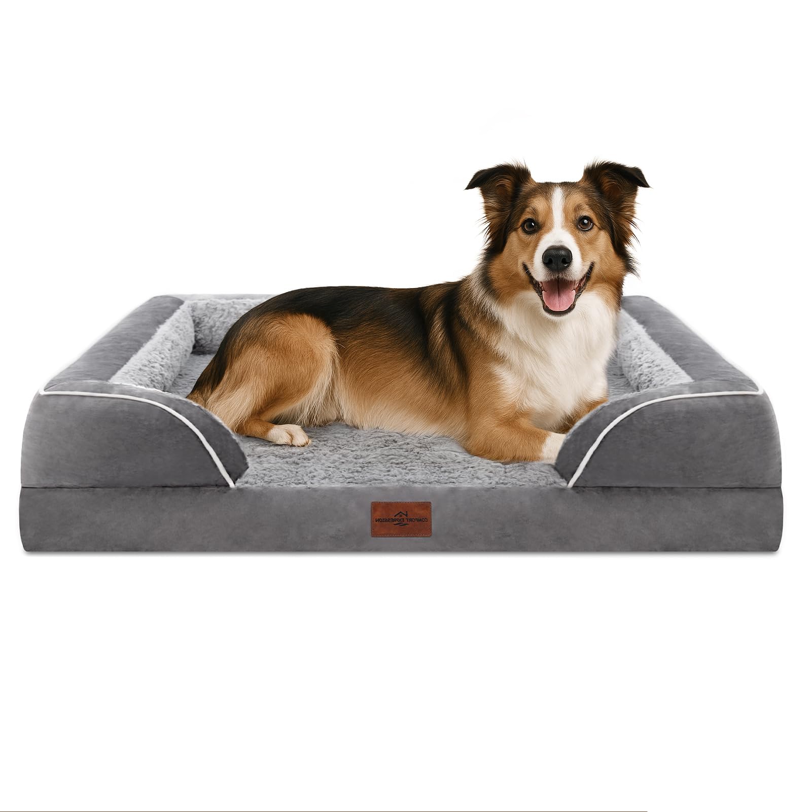 Photo 1 of ** MISSING A PILLOW** Comfort Expression Orthopedic Dog Bed for Large Dogs 38x25 Inch, Waterproof Supportive Egg Crate Foam Large Pet Bed with Removable Bolsters, Dog Couch with Washable Cover & Non-Slip Bottom, Grey