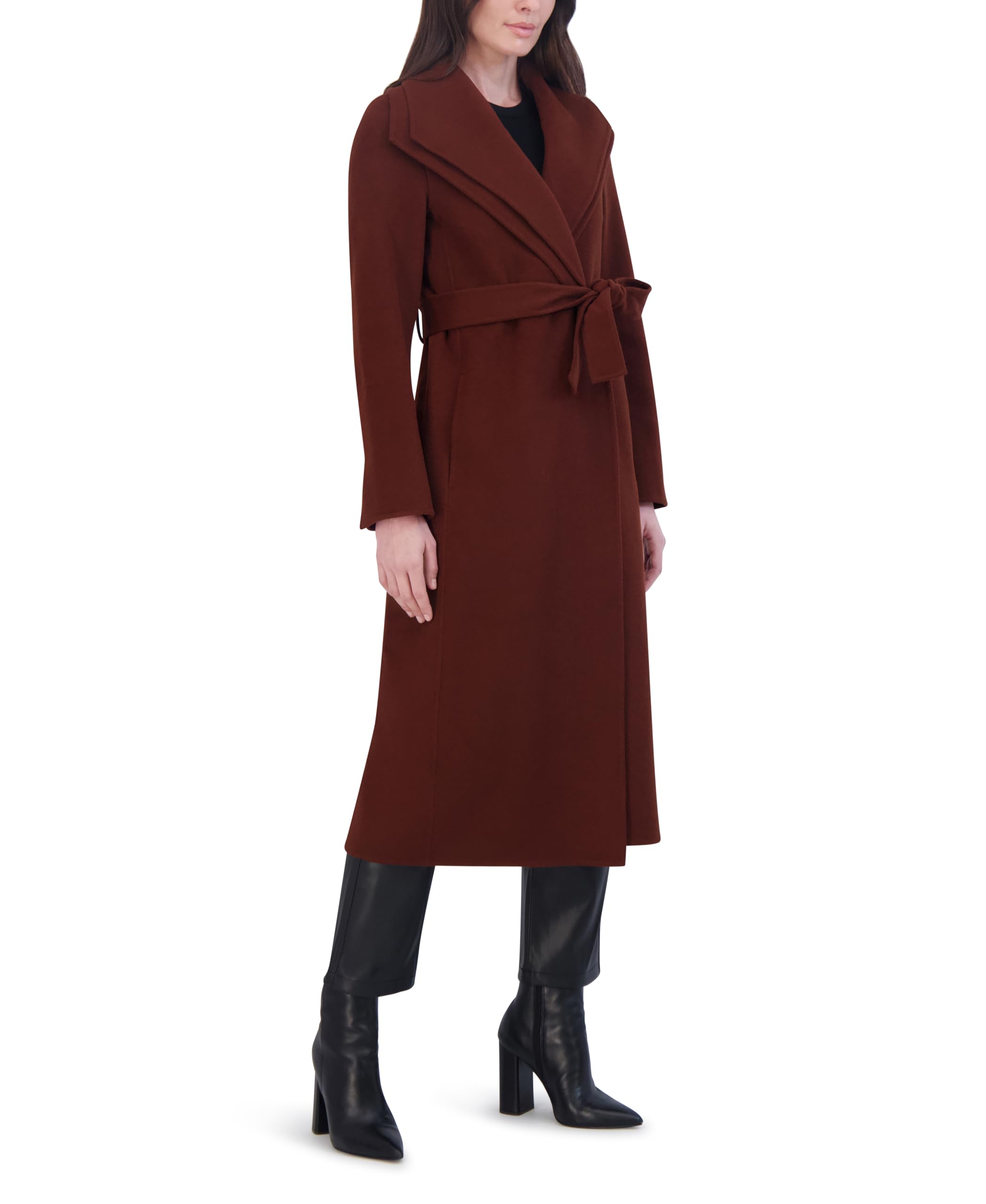 Condition photo showing New/Like New for tahari women's slim fit double-faced wool blend wrap coat with tie belt – longline silhouette, cinna