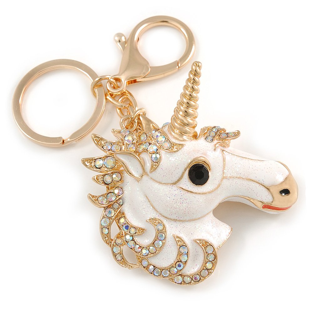 Avalaya AB Crystal, White Enamel Glitter Unicorn Keyring/Bag Charm In Gold Tone Metal - 10cm L