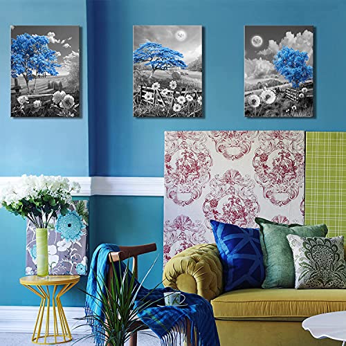 Blue Tree Canvas Wall Art For Living Room Dining Family Office Bedroom Over Bed Modern Black And White Dandelion Rose Daisy Moon Nature Pictures Decor For Home Artwork Painting 12