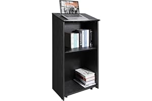 VEVOR 47 in Black Wood Grain Podium Stand with 4 Rolling Wheels, Storage Shelves, and Slant Desktop, Lectern & Podium for Chu