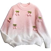 BEAUDRM Girl's Cherry Sweater Cute Fuzzy Long Sleeve Crew Neck Fall Winter Sweaters Size 5-12 Years