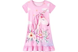 HenzWorld Girls Nightgown Short Sleeve Nightdress Unicorn Mermaid Cat Printed Casual Pajamas Kids Girls Sleepwear 3-10 Years
