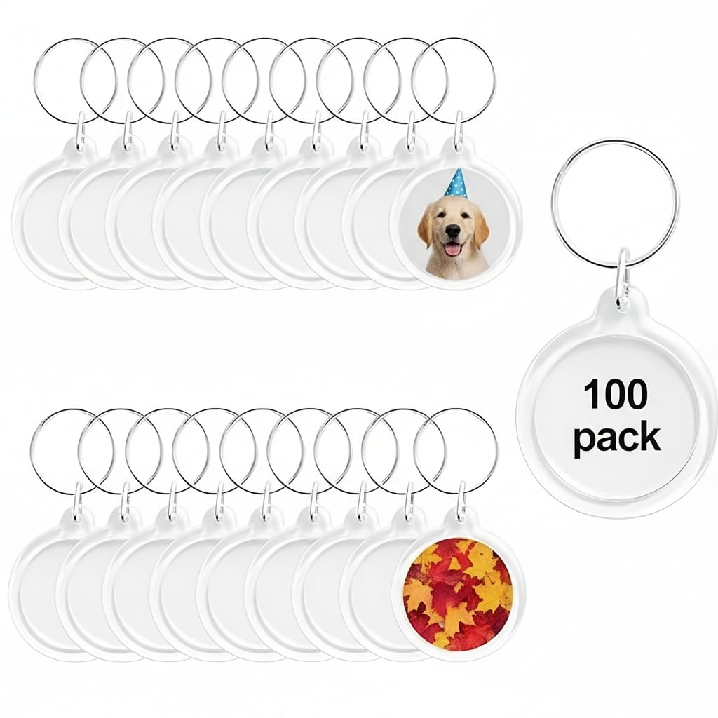 Photo 1 of 100pcs Circular Acrylic Keychain Blank, Round Clear Photo Keyring Insert for DIY Crafts, Transparent Picture Frame Holder for Wedding Bridal Party Favors & Small Business Branding