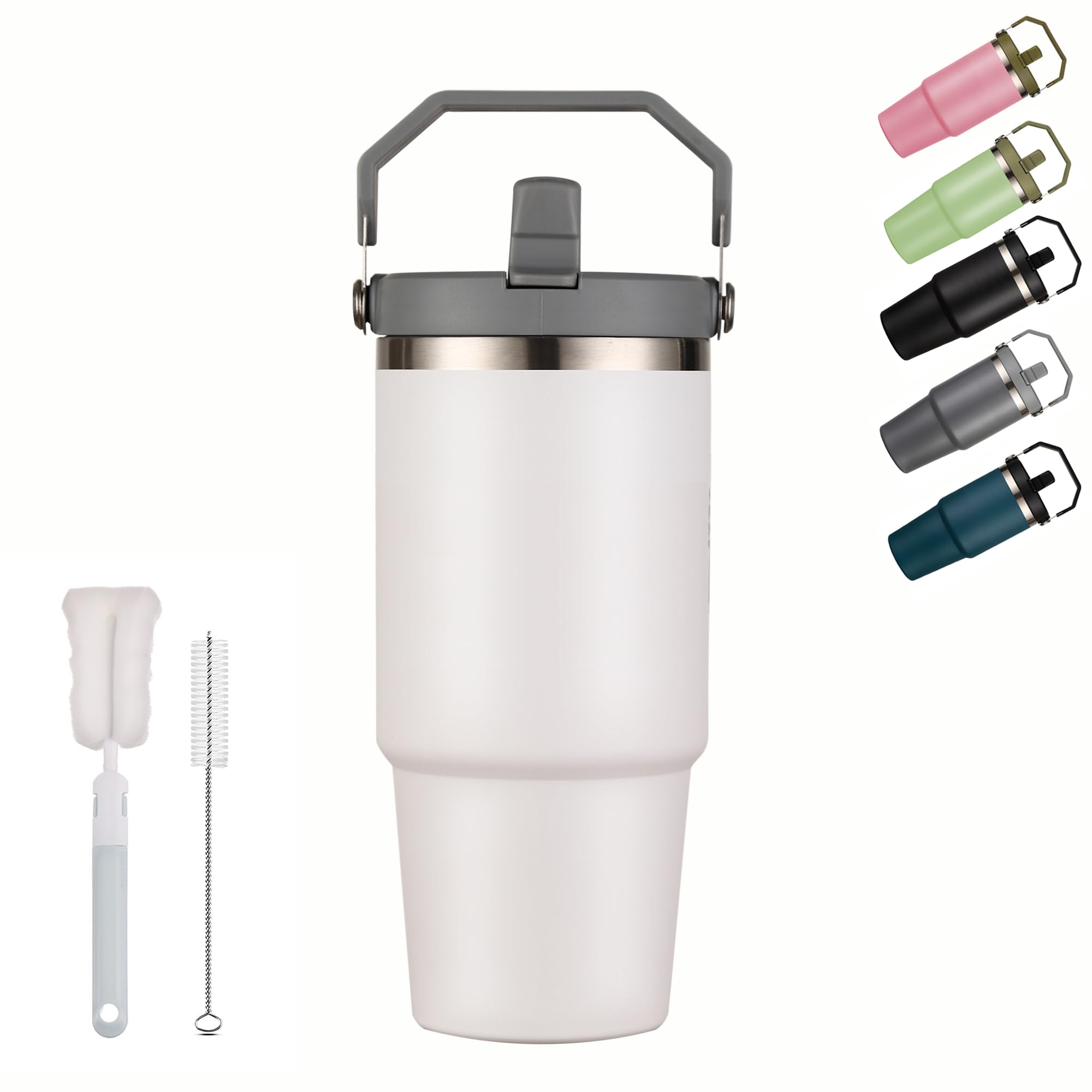 XIXIAMI Travel Mug with Handle 600ml-20oz Insulated Tumbler with Straw & Lid Leakproof Coffee Mug for Hot or Iced Drink |Stainless Steel Thermal Cup-White