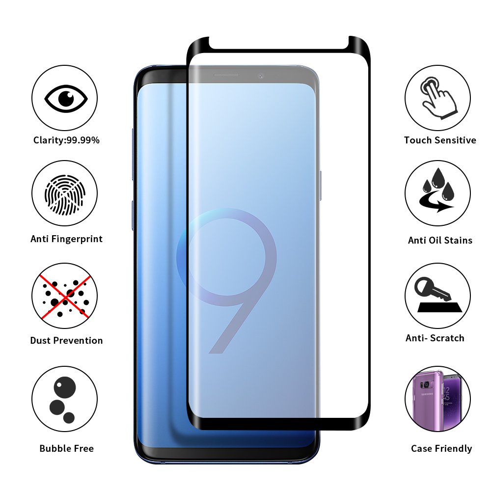 Tembin S9 Curved Edge Glass Screen Protector, 2 Pack Full Adhesive [ Leather Case Friendly ] Premium HD Clear Full Coverage Screen Film Dust Free Anti Scratch Screen Cover for Samsung Galaxy S9