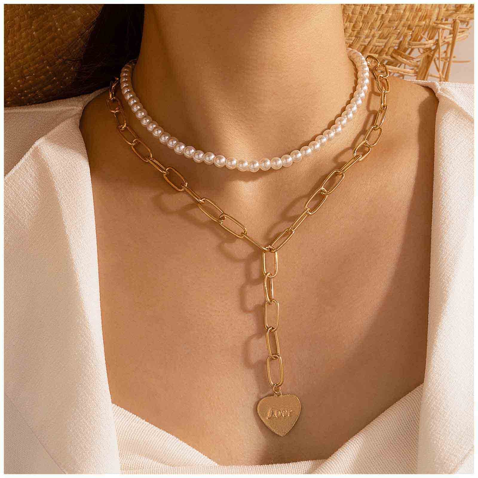 Cimenexe Bohemian Heart Pendant Necklace Layered Gold Y Lariat Necklace Paper Clip Necklace Chain Pearl Chain Choker Necklace Jewelry for Women and Girls