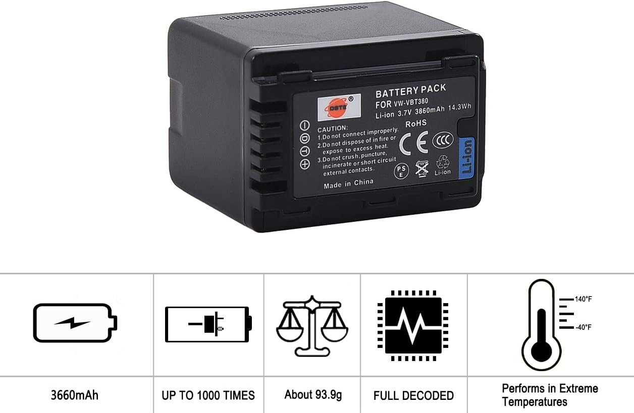 DSTE 2PCS VW-VBT380 VBT380 (3860mAh/3.7V) Battery Charger Set Compatible for Panasonic HC-V210, HC-V520, VW-BC10E, HC-W580 - Image 4