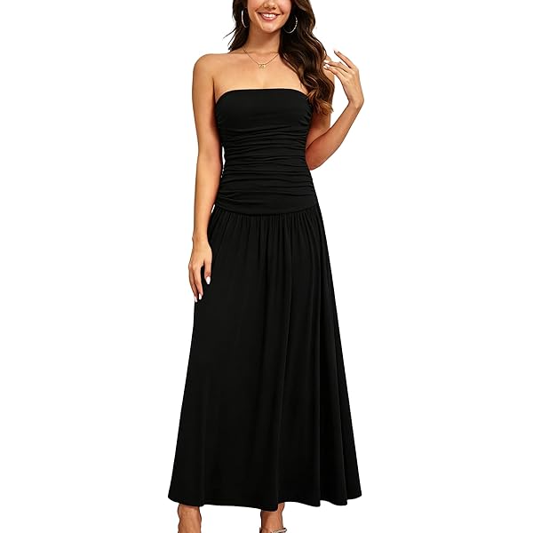 Women Off Shoulder Midi Dress Strapless Sleeveless Drop-Waist A Line Tube  Dress Fashion Summer Swing Dresses Beige at Amazon Women's Clothing store