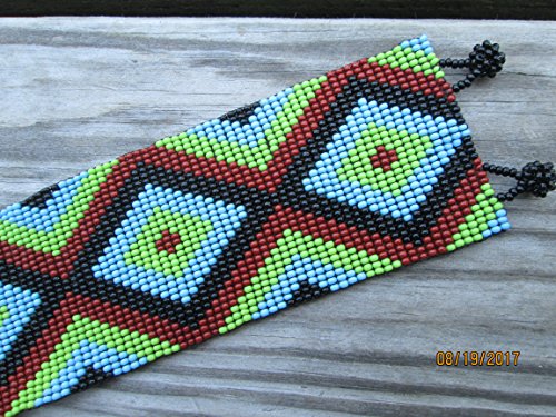 Fair trade wide flat bracelet turquoise brown Diamond geometric hand loom beaded southwest native american design fair trade beadwork seed beads geometric stripe ethnic handmade - Thumbnail 4