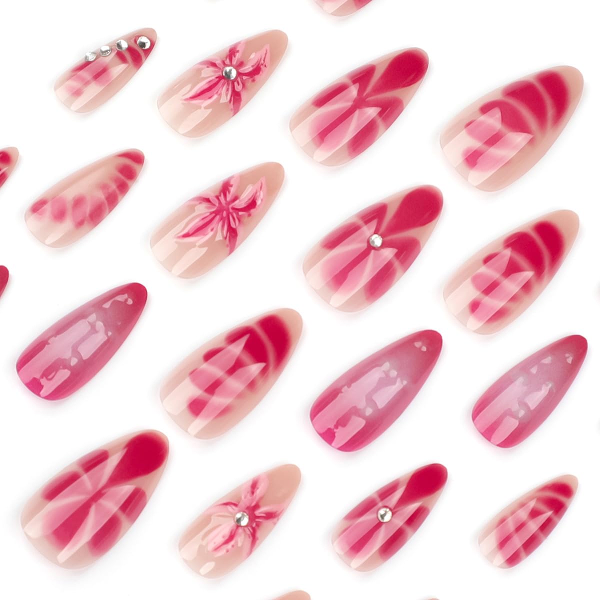 24 Pcs Fall Winter Press on Nails Short Almond - YEFIUO Pink Red Fake Nails Press ons French Nail Art Tip Full Cover Acrylic False Nails Glue on Nails Kit with 3D Red Flowers Floral Design for Women - Image 2
