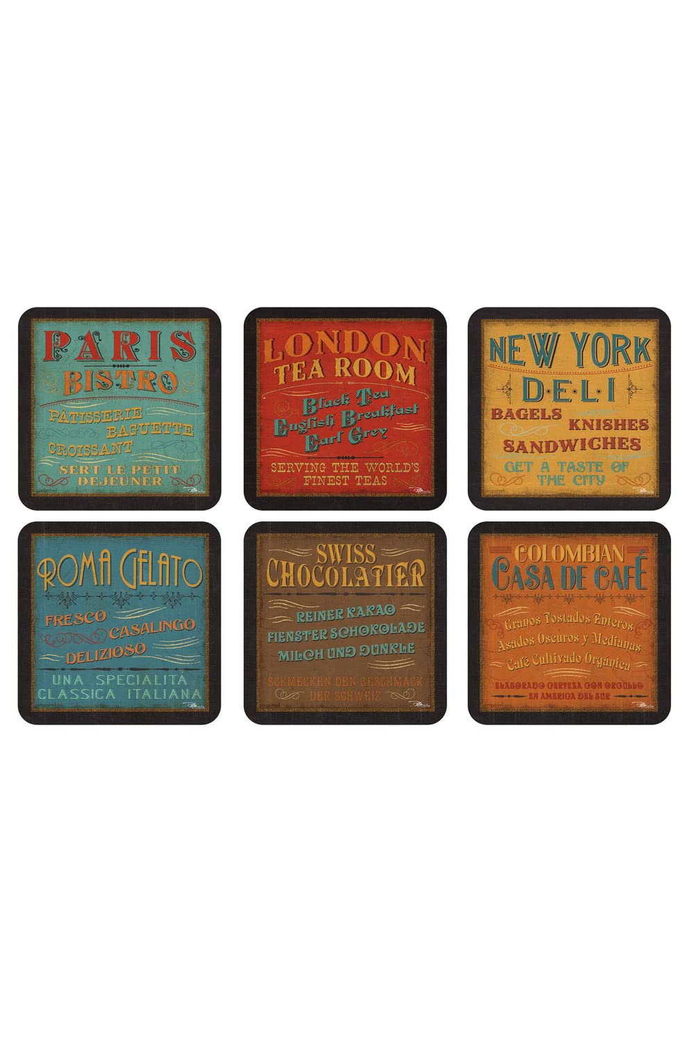 Pimpernel Set of 6 Retro Lunchtime Coasters - Cork-Backed Drink Coasters with Heat Resistance and Stain Protection, Suitable for Tea, Coffee, and Everyday Use, 10.5 x 10.5cm