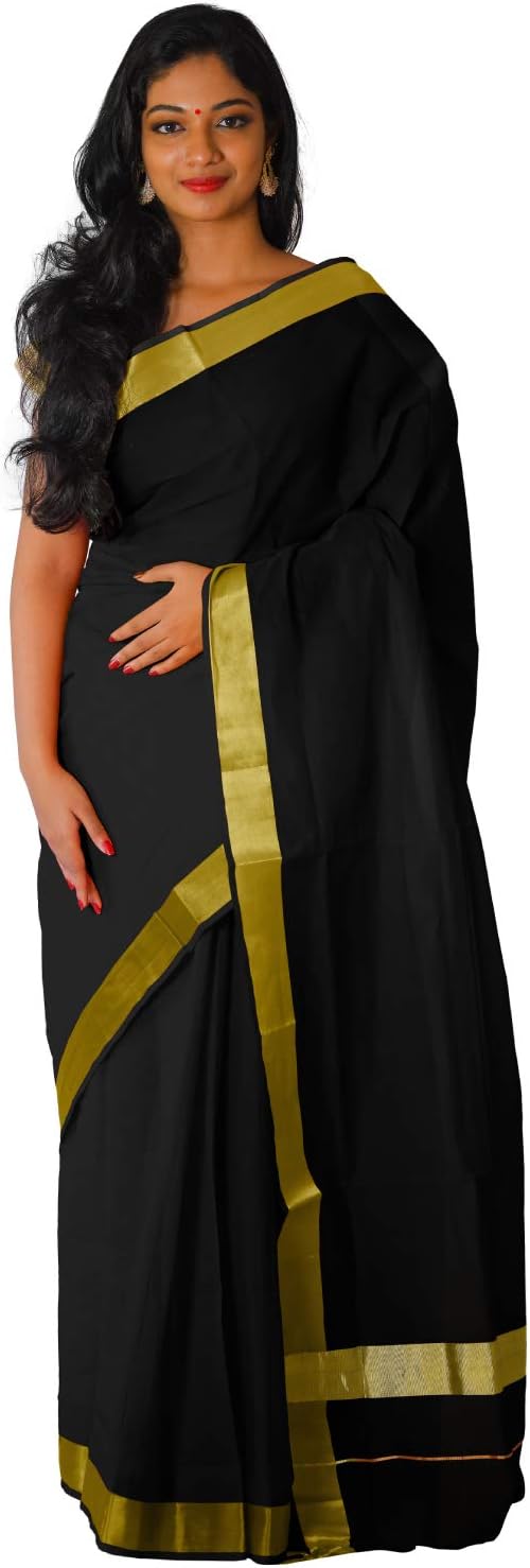 Women's Kasavu Cotton Saree (OS035_Black)