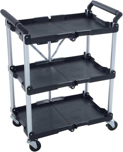 Azuma 3 Tier Folding Service Trolley Cart with Wheels & Shelf Units Folding Portable Collapsible