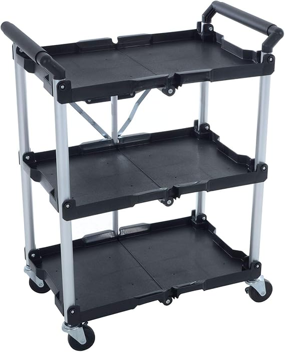 Azuma 3 Tier Folding Service Trolley Cart with Wheels & Shelf Units