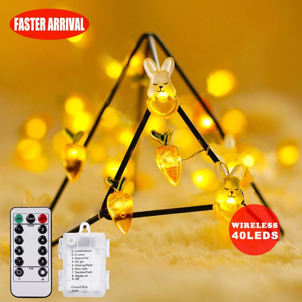 Fairy Lights, 2020 New Rabbit Bunny Carrot String Lights 10 ft 40 LEDs Battery Powered with Remote Multi-Function for Outdoor and Indoor