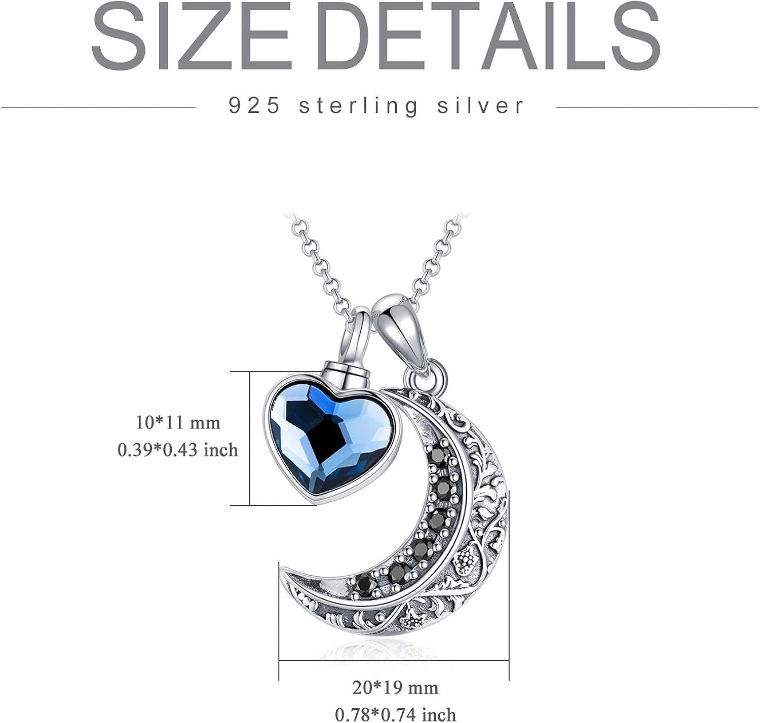 Love Heart Urn Necklace for Ashes Sterling Silver Crescent Moon Pendant Cremation Memorial Keepsake Pendant with Blue Heart Crystal: Clothing