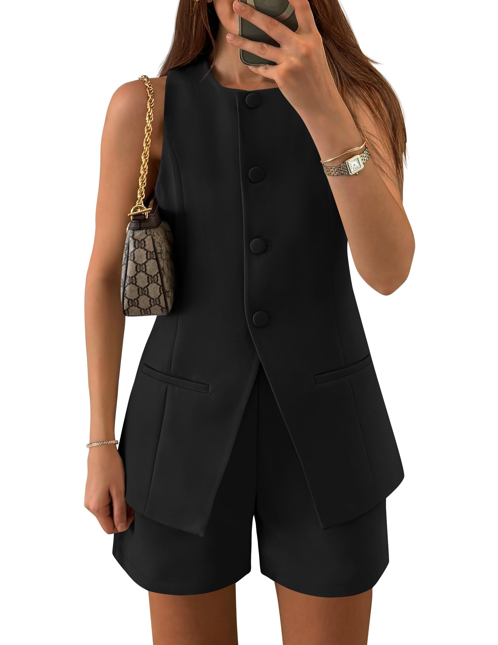 Photo 1 of ZESICA Women's 2025 Summer 2 Piece Short Sets Sleeveless Crew Neck Suit Vest Tops High Waist Shorts Business Outfits,Black,Medium