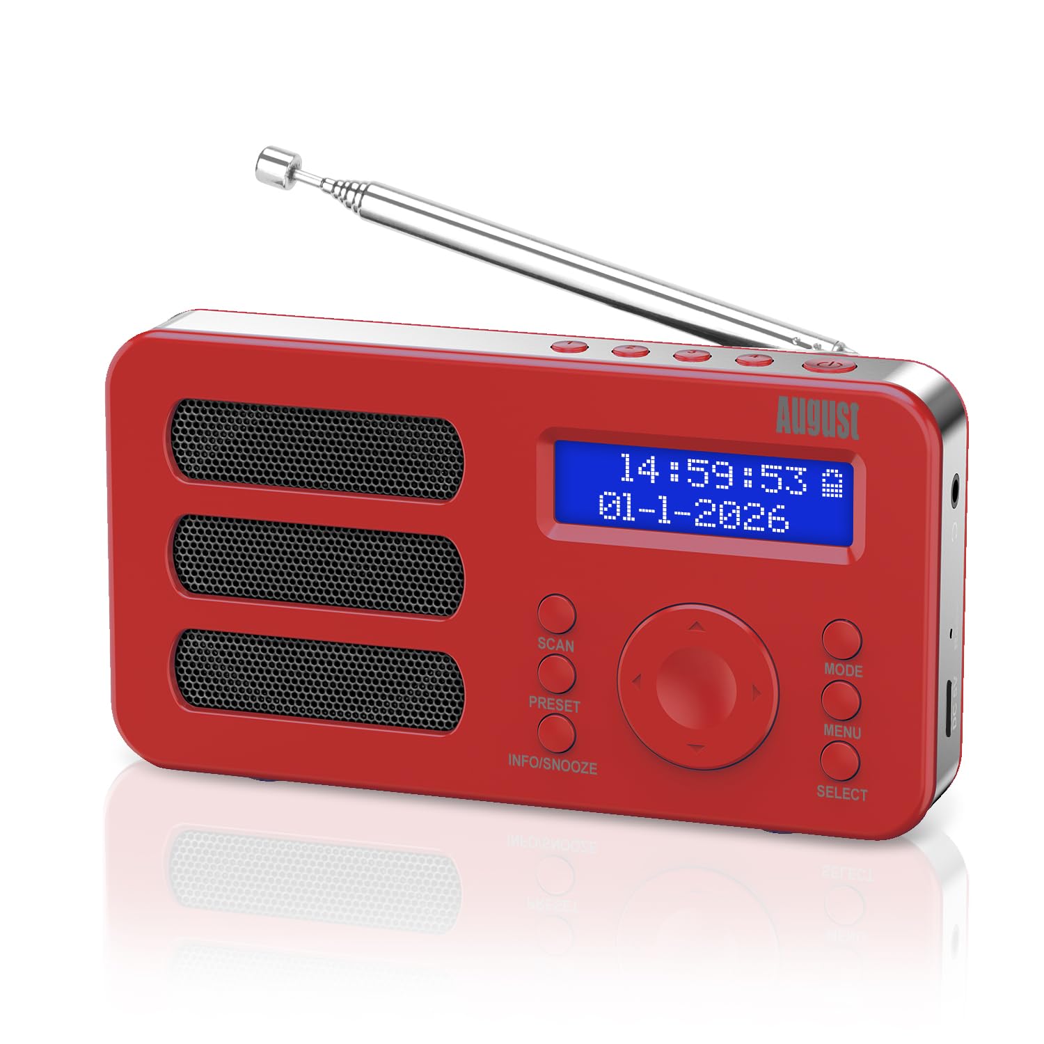 August MB225R Portable DAB/DAB+/FM Digital Radios – Rechargeable Small Radio with 40 Station Presets, RDS, Dual Alarm Clock with Snooze and Sleep Timer, 4 One-Touch Preset Buttons, Aux Out – Red