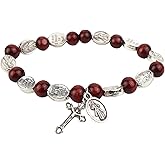 Needzo Divine Mercy Stretch Rosary Bracelet, Red Wooden Bead with Metal Crucifix Charm, Catholic Gifts for Women, 7.5 Inches