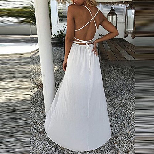 Women Chiffon Sleeveless Solid Lace Camisole Splicing Backless Casual Beach Long Maxi Dress White