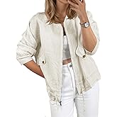Tankaneo Womens Lightweight Bomber Jackets Casual Zip Up Drawstring Cotton Linen Jacket With Pockets