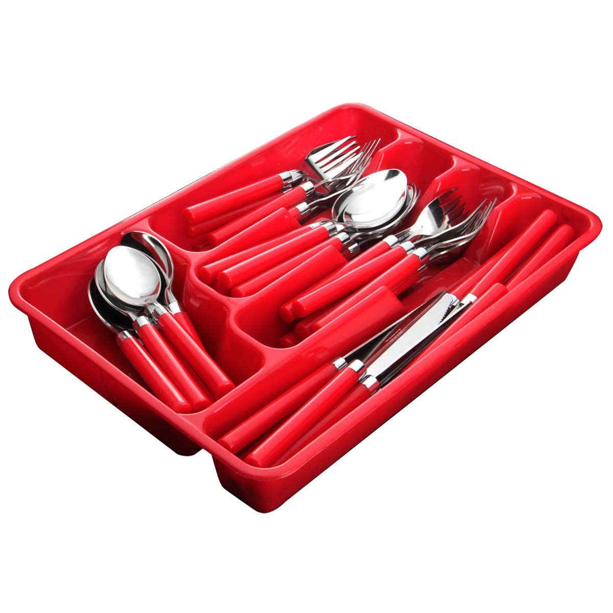 Moxinox 48 Piece Flatware Set Silverware Tableware Plastic Handle Steak Knife Spoons Forks Knives Box Fork with Cutlery Tray (Red)
