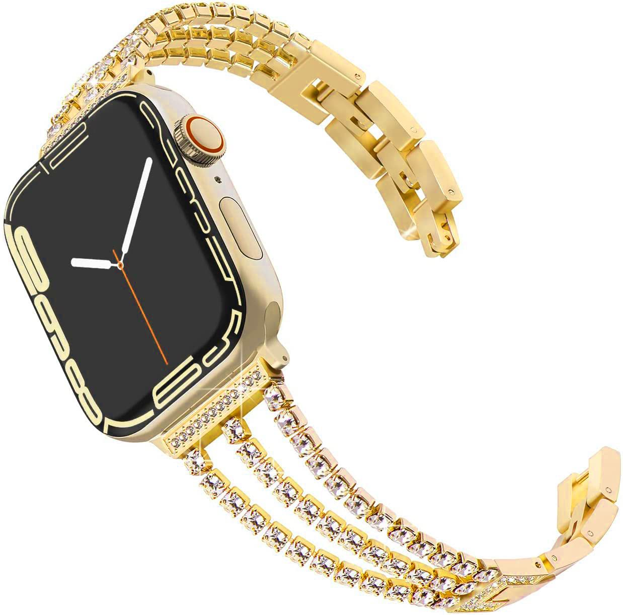 DEALELE Strap Compatible with iWatch 38mm 40mm 41mm, Bling Diamond Rhinestone Metal Steel Replacement Bracelet for Apple Watch Series 8/7 / 6/5 / 4/3 / SE Women Men, Gold