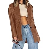 Womens Oversized Leather Jacket Long Sleeve Faux Leather Blazer Lapel Button Down Leather Shacket Coat with Pockets Brown