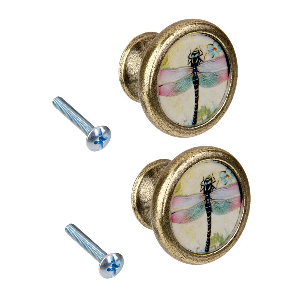 LOVIVER 2 Pack Vintage Brass Cabinet Door Drawer Round Pulls Cupboard Knob Handle Dragonfly Pattern with Screws