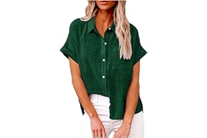 ATTINE Tops for Women Casual Loose, Women's Solid Button Down Shirts Short Sleeve Blouse O Neck Blouses Dressy Casual