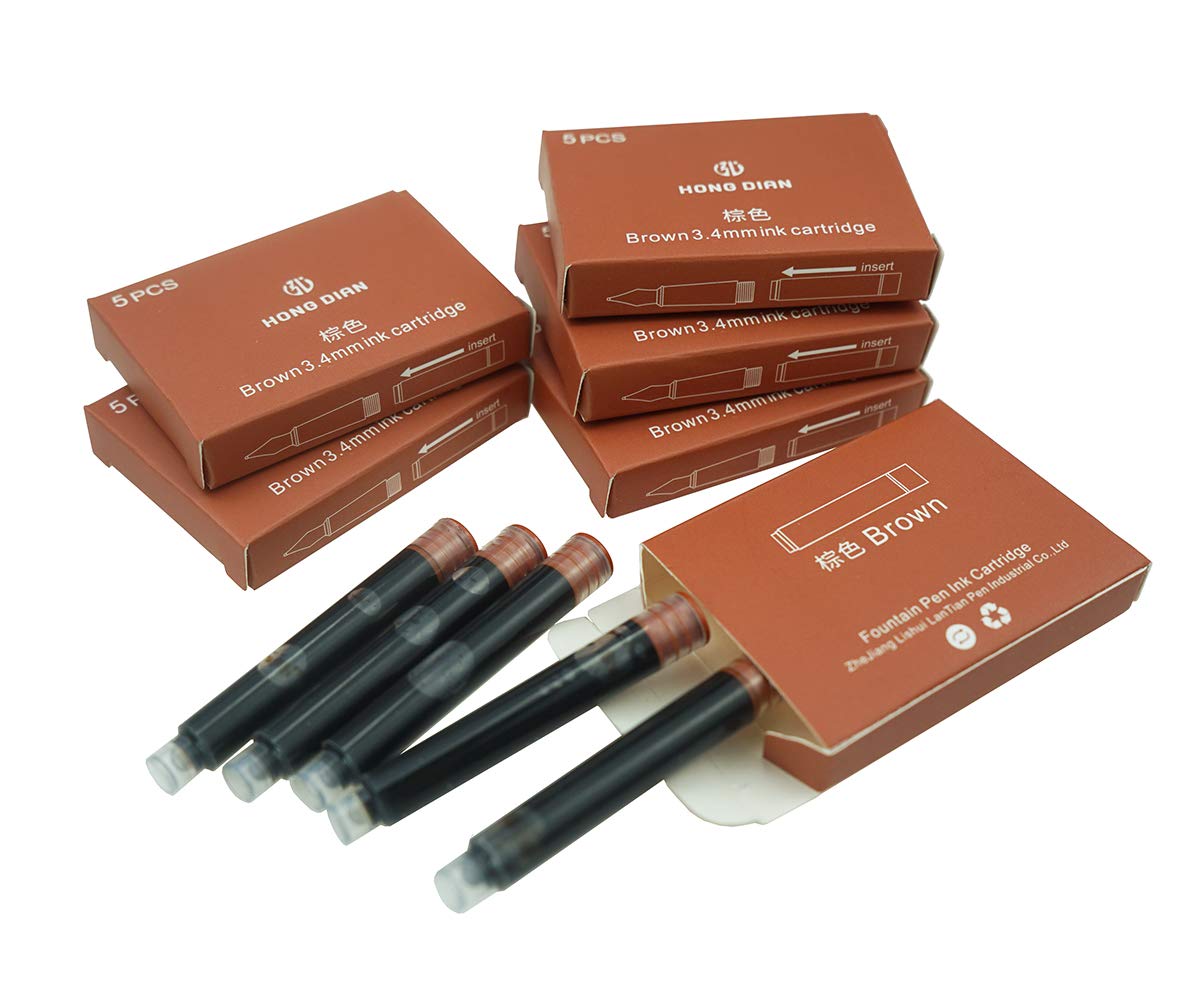 Hongdian Fountain Pen Set Ink Cartridges Brown Color, Pack of 30 Ink Refill Cartridges, 3.4 mm Bore Diameter