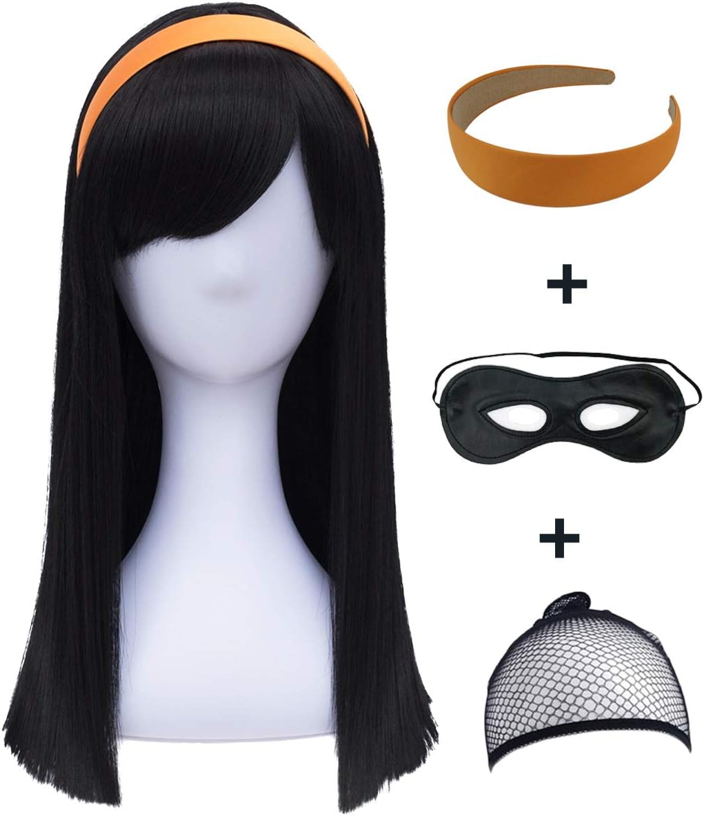 Kids Wigs Long Black Straight Cosplay Wig for Kids Girls Cos with Orange Headband and Eye Mask BU136A