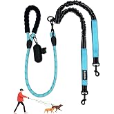 LEOSASA Double Dogs Leash - Removable Main Lead Rope with Splitter, No Tangle 2 Dog Coupler, Reflective No Pull Bungee, 3 Handle, D-Ring, Extra Long for Walk Train Medium Large Two Pet (Blue)