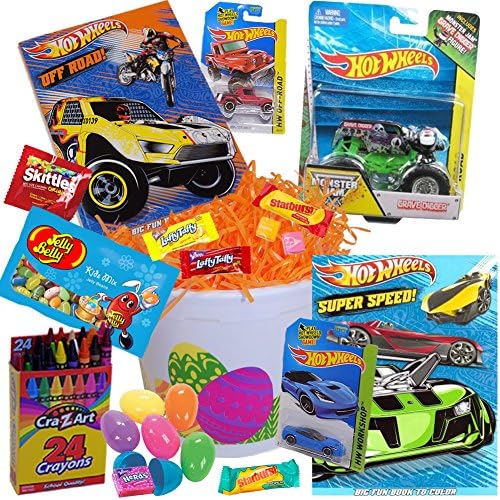 Monster Jam Easter Basket - Hot Wheels Easter Basket 21 Piece Kit, Includes Monster Jam Truck, Hot Wheels, Hot Wheels Coloring Books, Crayons, Easter Eggs, Easter Candy, and Orange Easter Grass