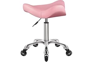 WKWKER Heavy Duty Rolling Stool with Wheels Hydraulic Swivel Adjustable Rolling Stool Ergonomic Thick Irregular Leather Seat Stool Chair for Kitchen Drafting Lab Office Salon Message Stool – Pink