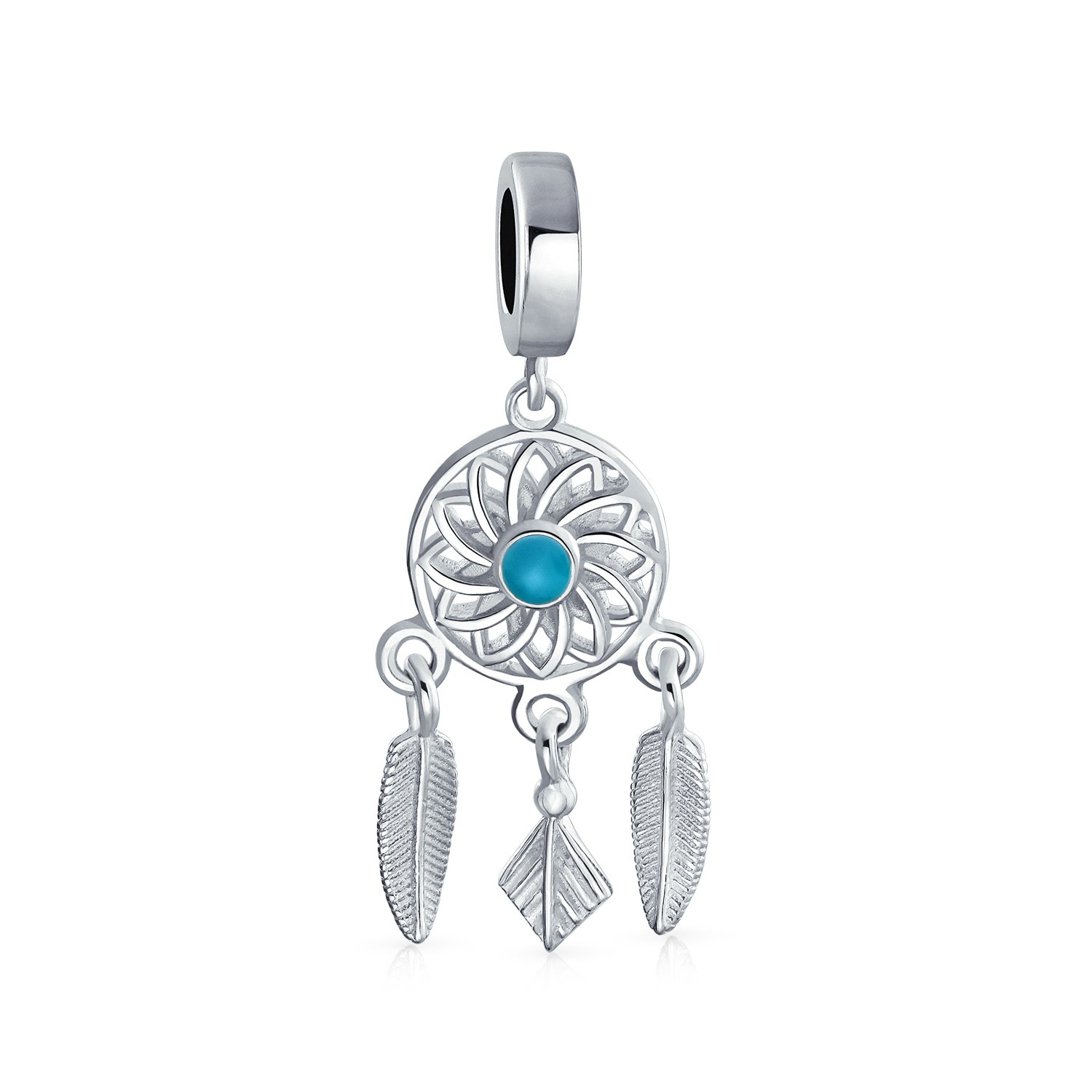 Bling Jewelry Hopes Dreams Blue Spiritual Amulet Symbol Western Native American Indian Dream Catcher Dangle Charm Bead Tassel Feather Leaves For Women Teen .925 Sterling Silver Fits European Bracelet