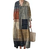 Akivide Women's V Neck Boho Floral Linen Maxi Dress Casual Plus Size Long Sleeve Beach Vacation Tunic Dresses with 2 Pockets