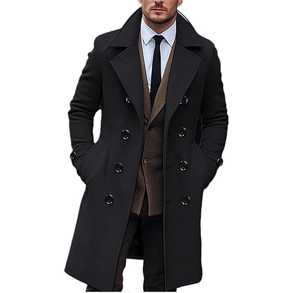 Dgoopd Men's Wool Blend Trench Coat Notch Lapel Jacket Open Front