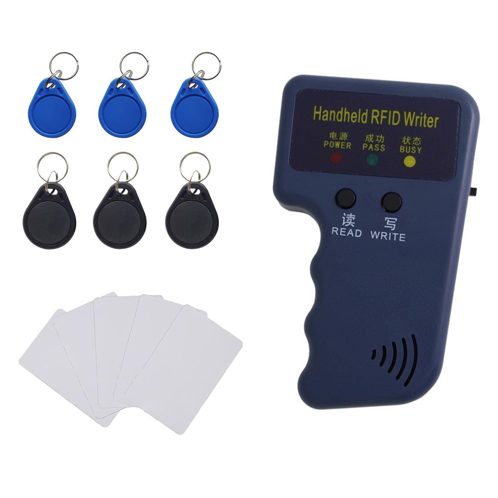 Photo 1 of 125kHz Handheld RFID Reader and Writer, Portable ID Card Copier Device for T5577/EM4305 Includes 6 Blank Key Fobs & 5 writable Cards for Duplicating Access Cards, Parking Permits(Battery Not Included)