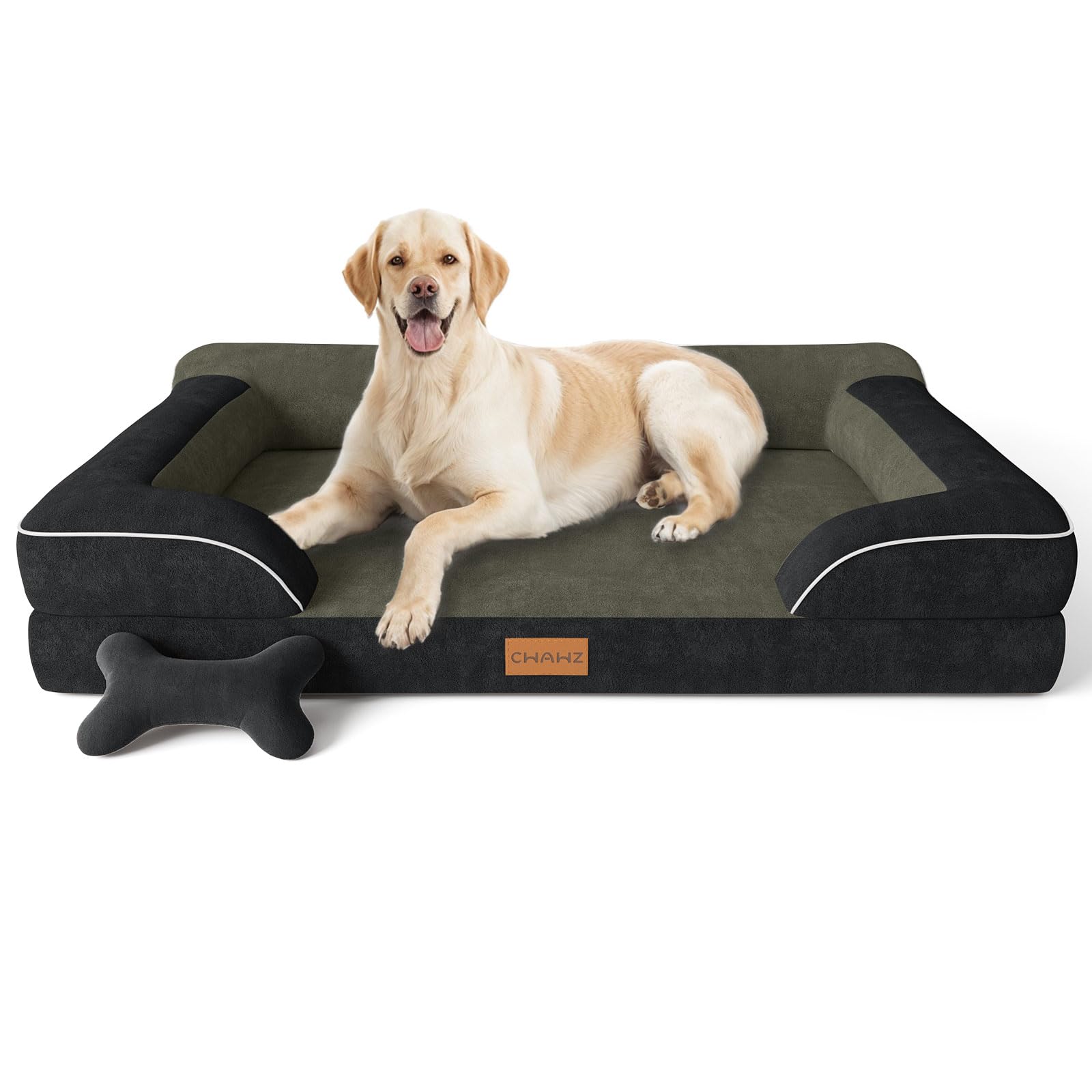 CWAWZ Jumbo Dog Bed for Extra Large Dogs, Orthopedic Dog Bed with Cooling Gel Memory Foam, Waterproof Pet Bed with Removable Washable Cover, 45" Pet Sofa Couch Dutch Velvet with Bone Toy, Black Image