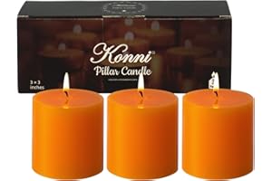KONNI Orange Pillar Candles Set of 3, 3"x 3" Unscented Pillar Candles Bulk, 30 Hours Long Burning Candles, Smokeless&Dripless Large Round Candle for Wedding, Home Decoration, Parties, Spas, Dinner