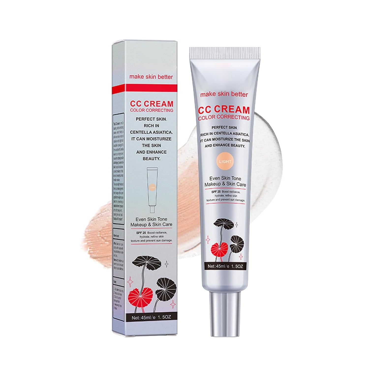 Color Correcting CC Cream with Centella Asiatica Full-Coverage Foundation with SPF 25, Even Skin Tone Makeup and Skin Care, Long Lasting Concealer, Light 45ml