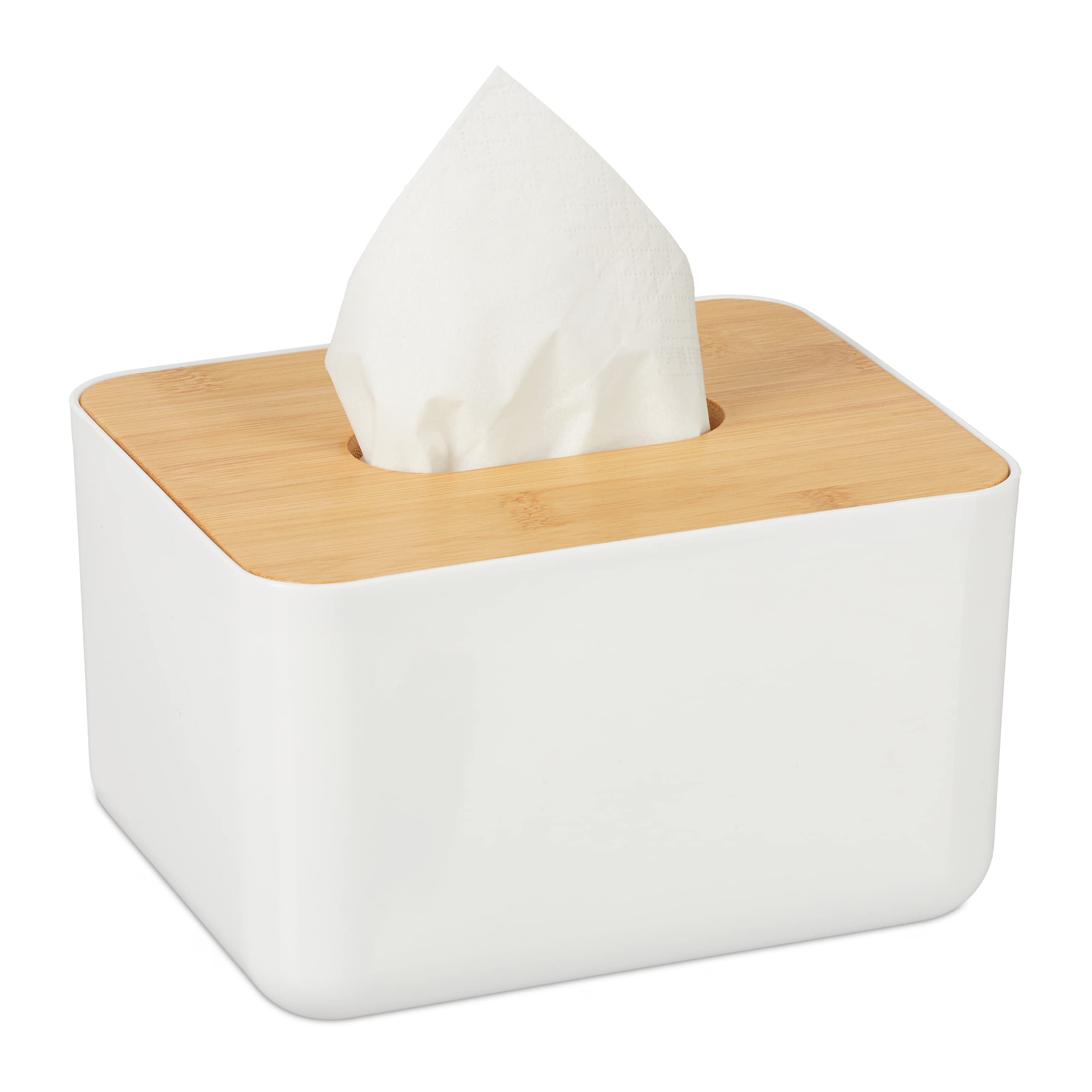 Relaxdays Tissue Box Cover with Bamboo Top, Baby Wipe Dispenser, Kitchen Napkin Holder, Bathroom, 10 x 23 x 13 cm, White
